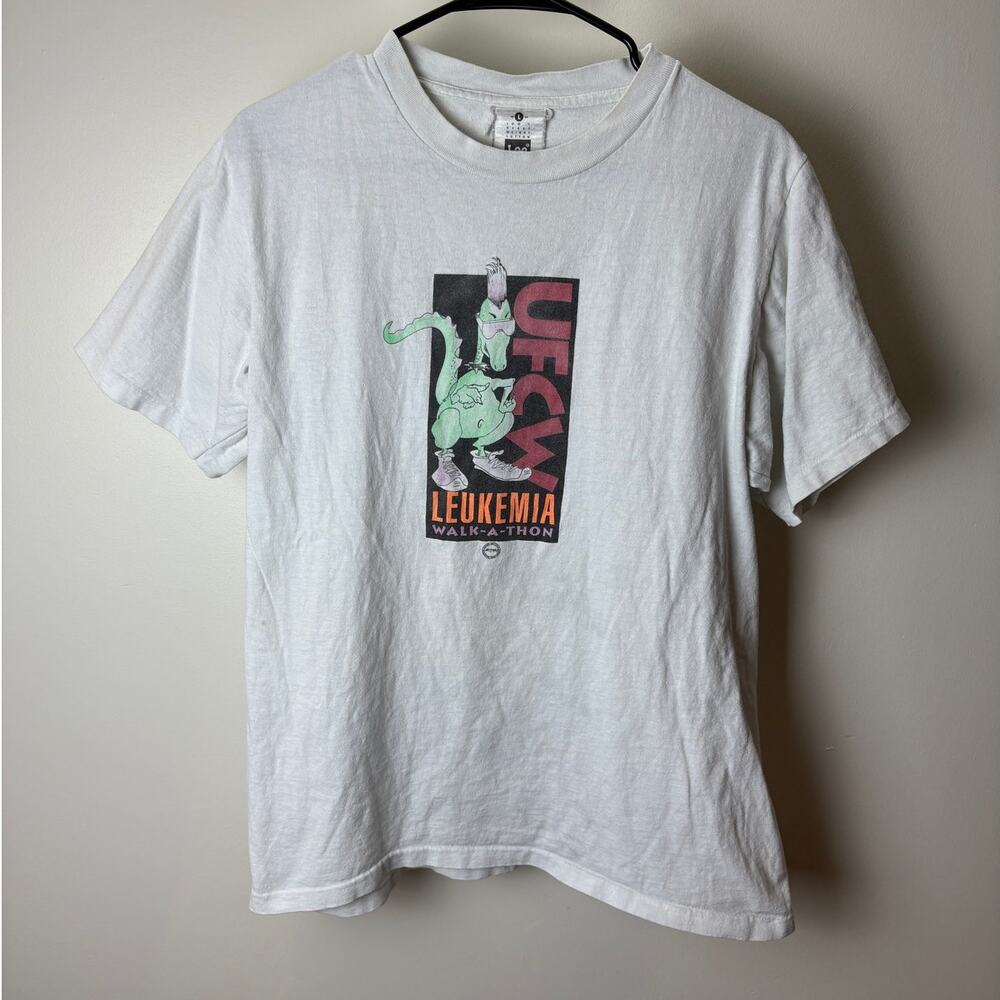 Dinosaur Runner UFCW Leukemia Walk-A-Thon Vintage Dino Tee - L - Lee Heavyweight